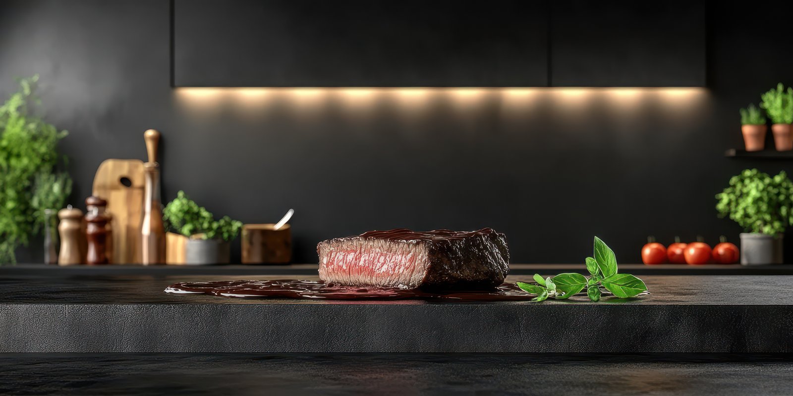 Delicious piece of steak garnished with fresh herbs in a modern kitchen setting